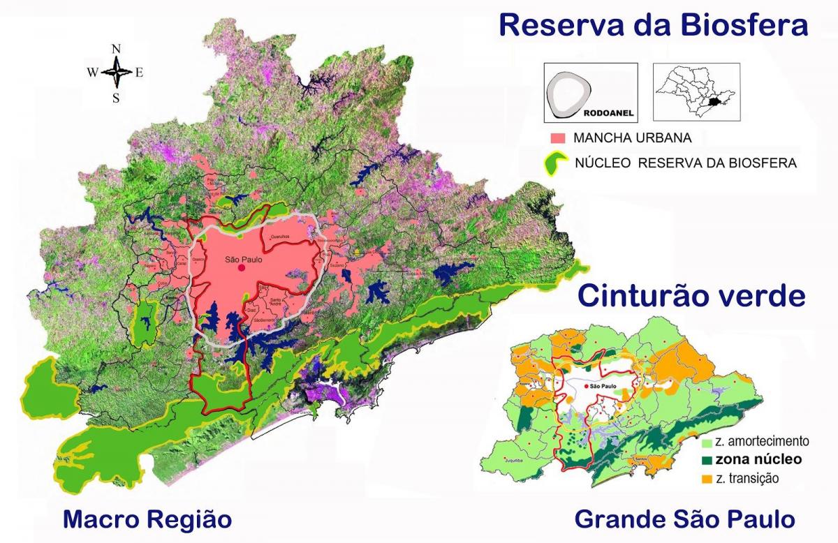 Peta cagar biosfer dari sabuk hijau dari Sao Paulo
